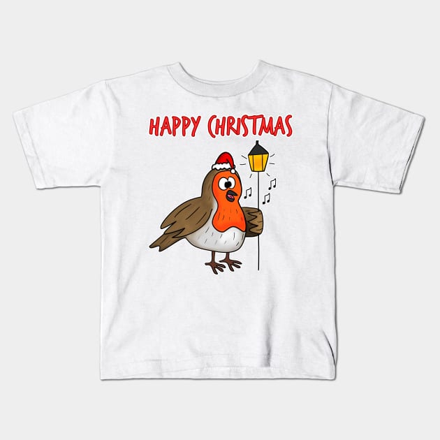 Christmas Robin Carol Singing Funny Bird Wildlife Kids T-Shirt by doodlerob